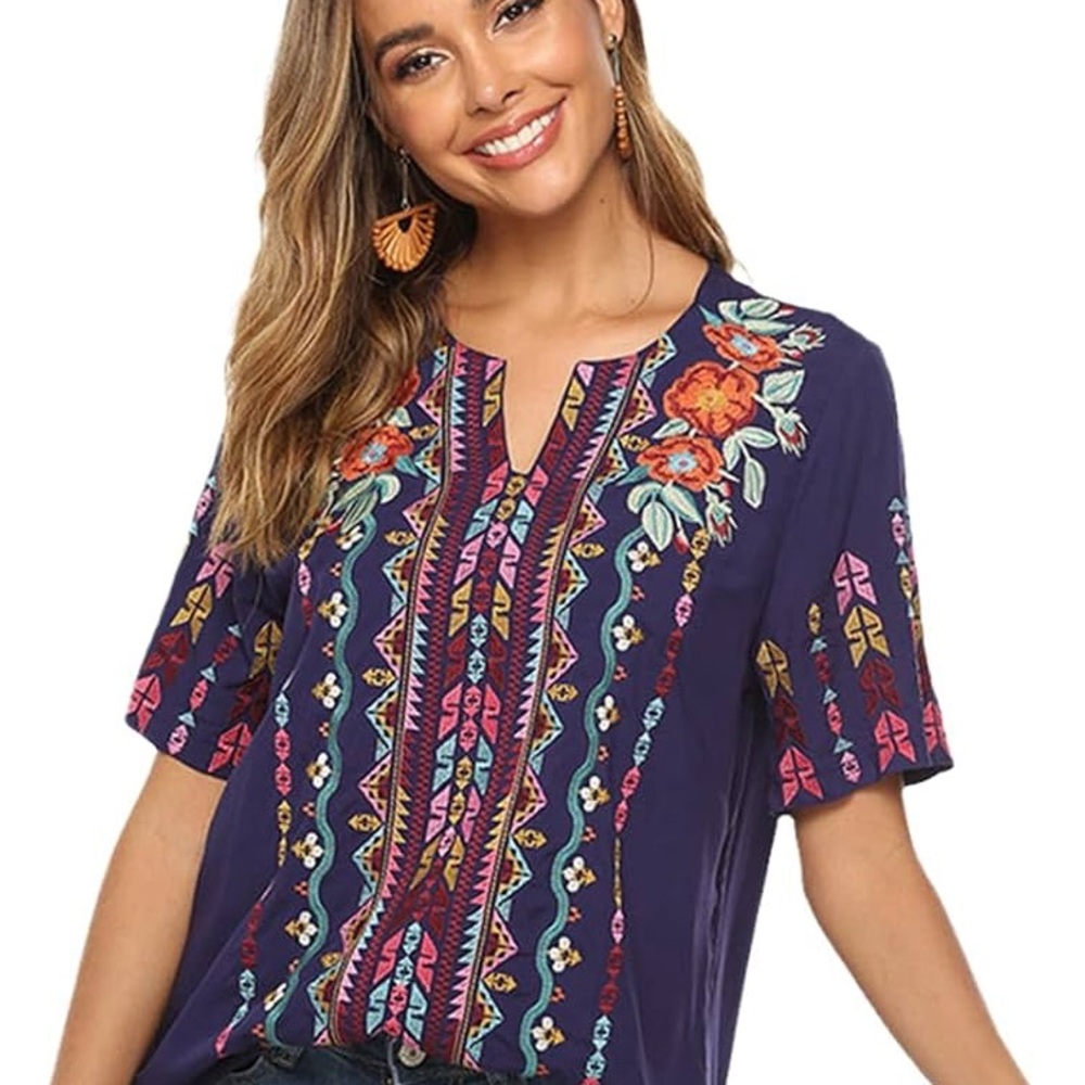 Johnny Was Embroidered Navy Floral Split-Neck Women's Top